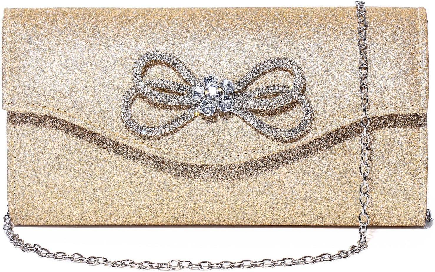 Gurina Evening Clutch Purses for Women Formal Party Clutch Bags Cocktail Prom Shoulder Handbags Shiny Crystal Bow Flap Purses
