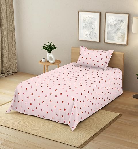 Himeya 100% Cotton Single Bedsheet with Pillow Cover | 224 x 152 cm | Soft Breathable Strawberry Printed Bedsheet | Pink D...