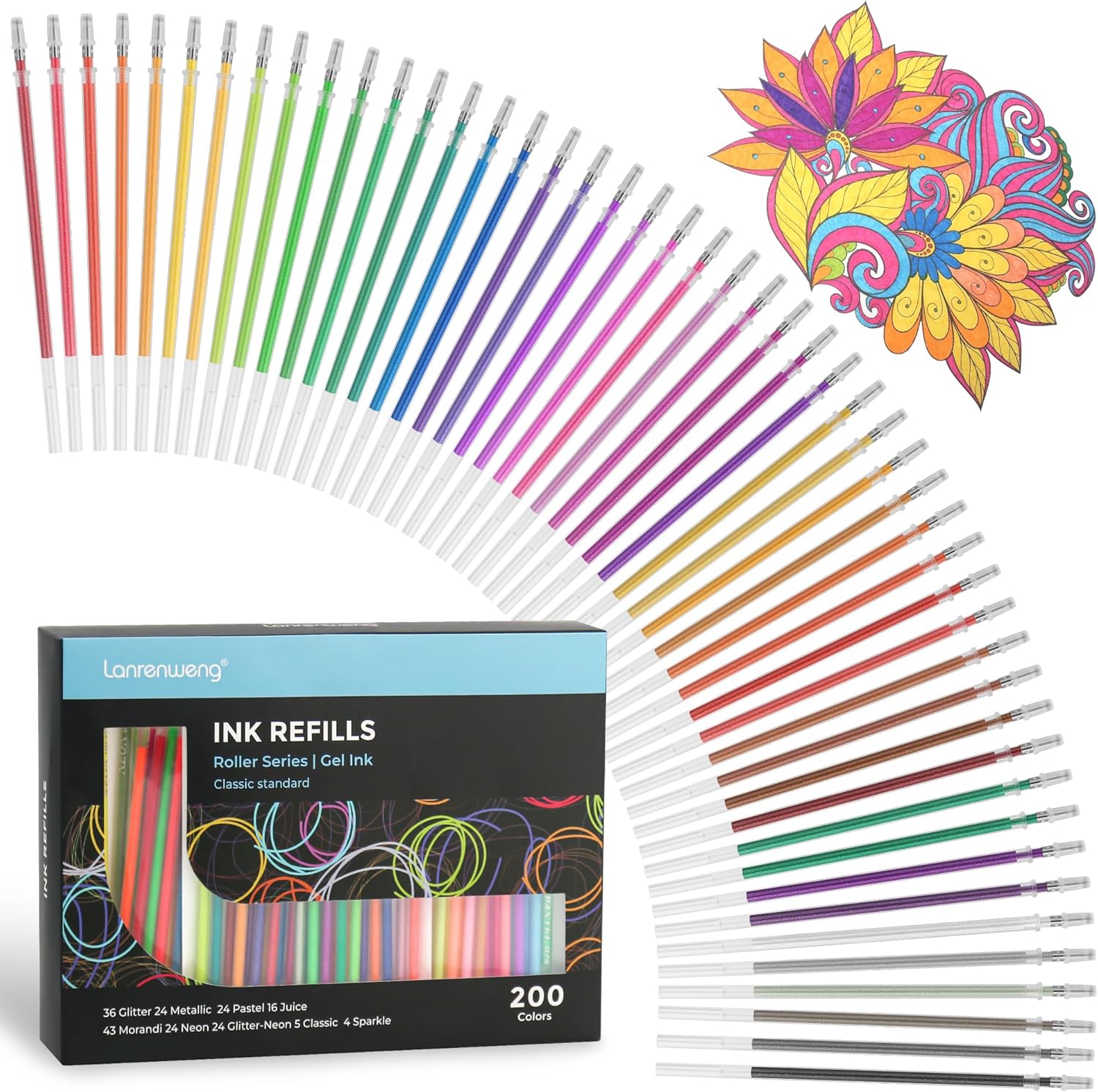 200 Colors Gel Pen Refills, Glitter Neon Gel Ink Pens Refills,Replace Cartridges for Gel Pens Set,9 Color Type for Adult Coloring Books Drawing Doodling Crafts Scrapbooking Journaling,No Repeats