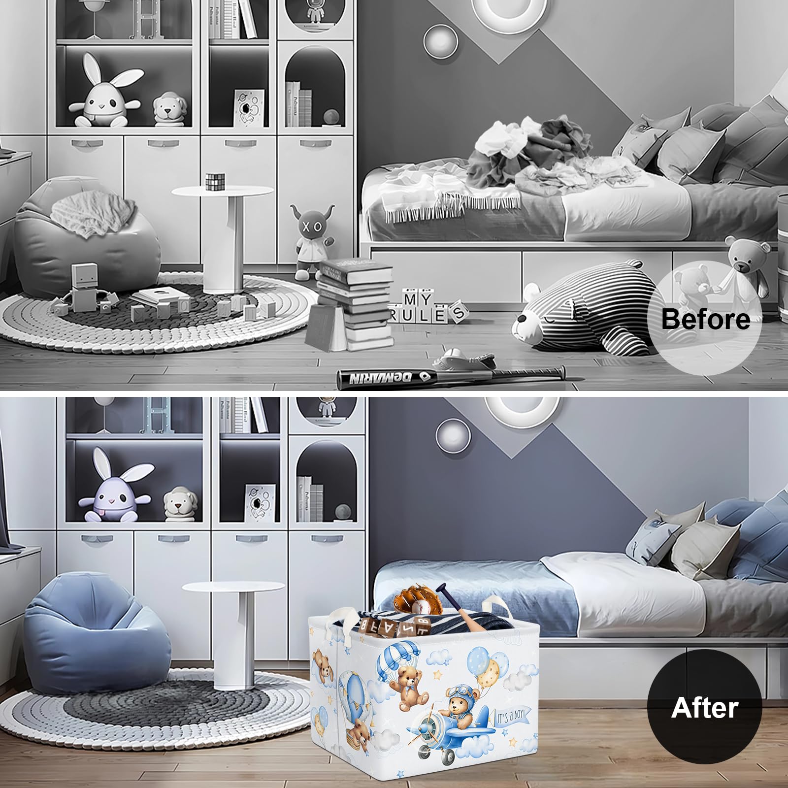 Clastyle Large Blue Bear Pilot Hot Air Balloon Shelf Basket with Handle Collapsible Rectangle Toy Clothes Cube Storage Basket for Kids Room Nursery Bear Pilot - Image 2
