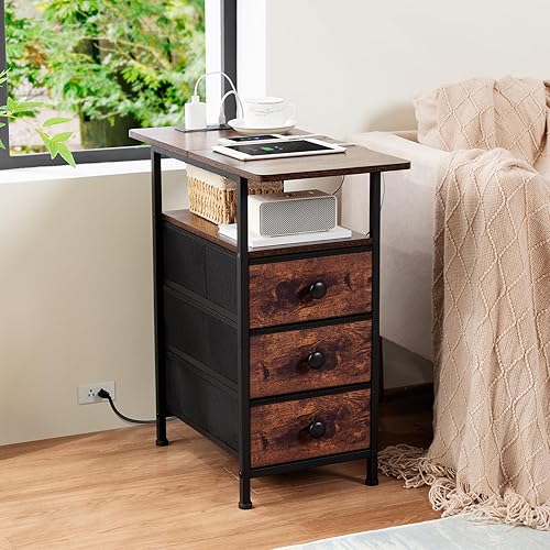 Miniatura 7 de AMHANCIBLE Mesas auxiliares para sala de estar con estación de carga, mesa auxiliar estrecha con puertos USB y tomas, mesita de noche delgada con 3