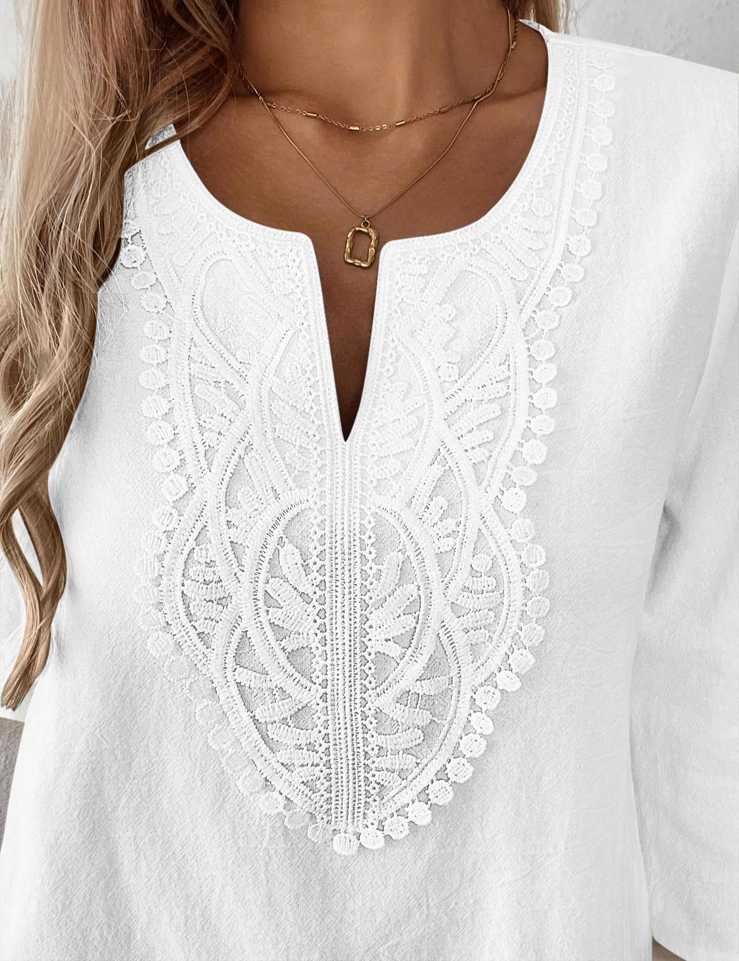 Rapbin Blusa para mujer, manga 3/4, elegante, cuello en V, algodón, encaje, camiseta informal, holgada, túnica