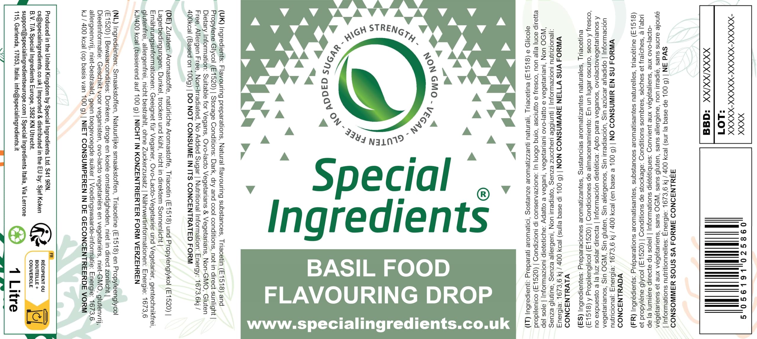 Special Ingredients Flavour Drops Basil, 1 L | Basilikum-Geschmackstropfen, Lebensmittelaroma, Vegane Geschmackstropfen, Für Backen, Speisen und Getränke, Zuckerfrei