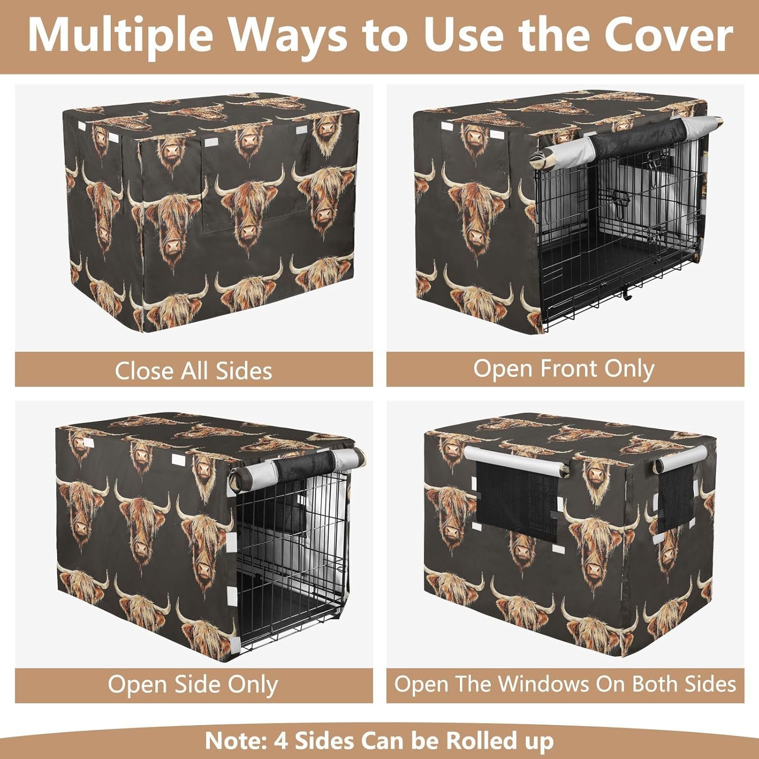 Highland Cow Head Dog Crate Cover Roll-up Side Panels, Cage Cover for Puppies Training, X-Large