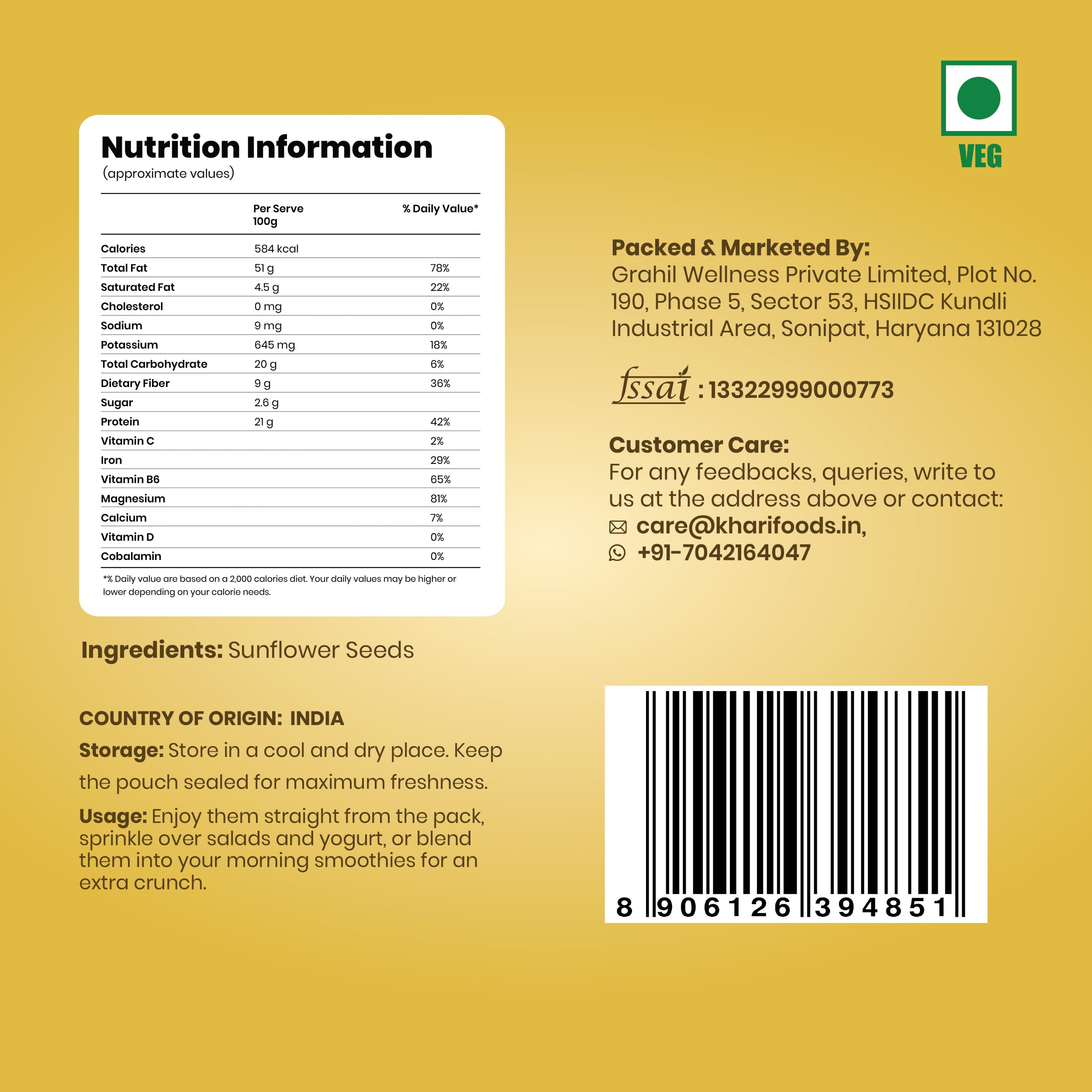 Khari Foods Premium Sunflower Seeds, High Fibre Seeds for Eating, Energy Healthy Snacking, Preservative Free, 400g 4