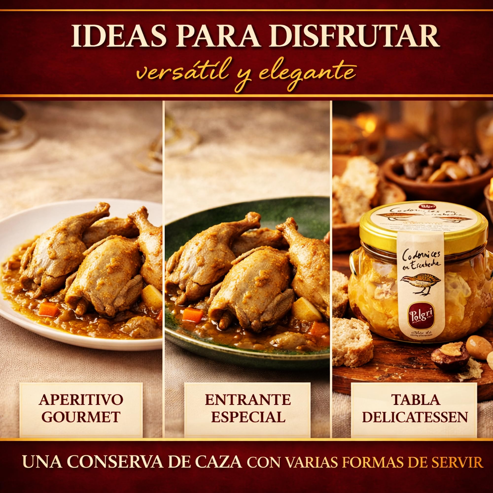 POLGRI Codornices en Escabeche Conserva Gourmet Carne de Caza con AOVE 2 Codornices Tarro de Cristal 640 ml Aperitivo Premium Receta Manchega Lista para Servir Tapa Gourmet Artesana