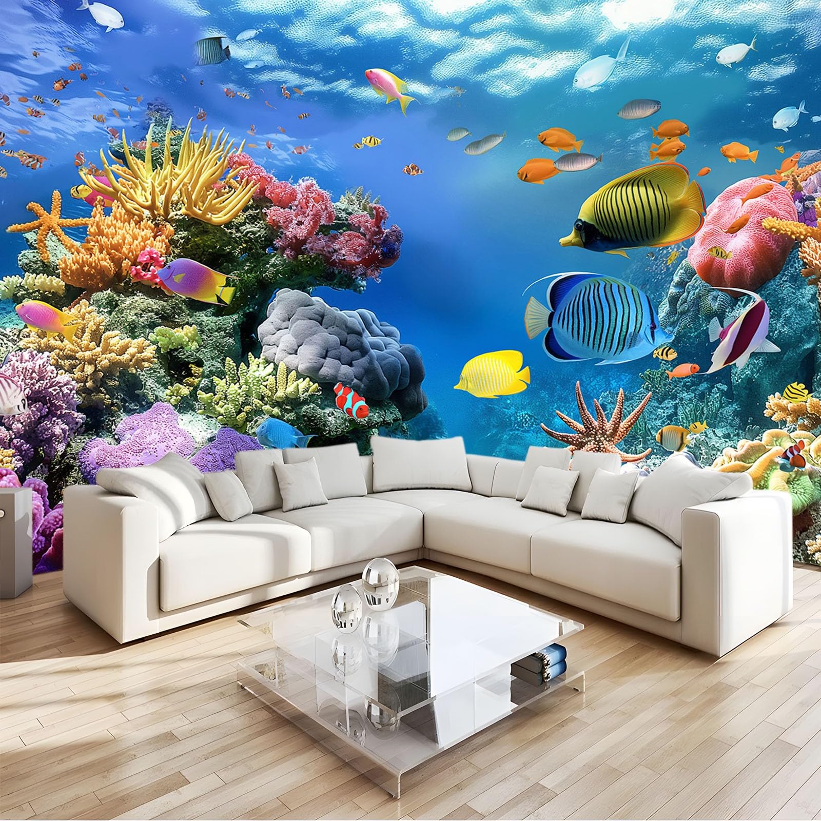 Blue 3D Mural Wallpaper Undersea Coral Fish Versatile Wall Art for Living Room Bedroom Office & Kids’ Rooms Featuring Photo Wallpapers Décor Stickers and Art Poster Décor W350 X H256 Cm