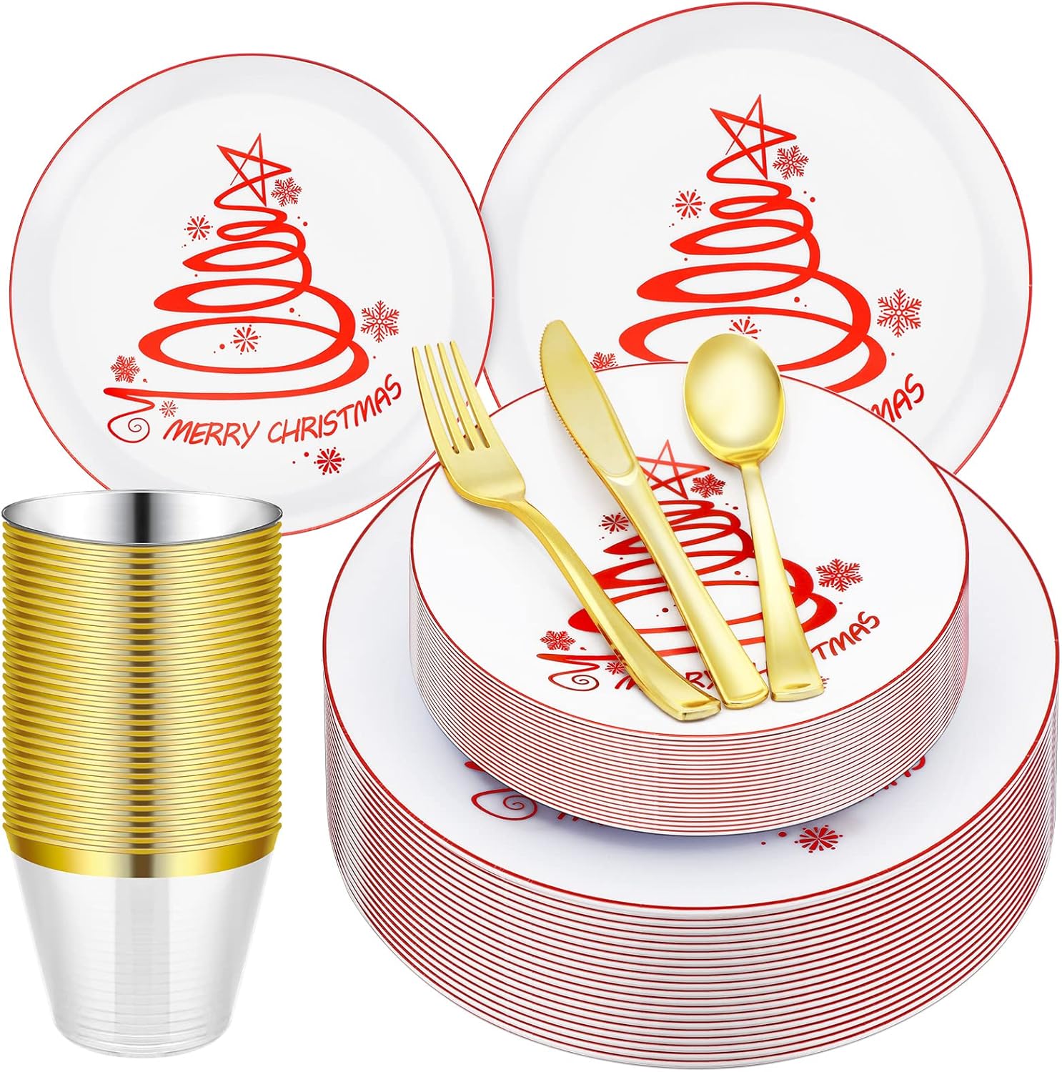 180 Pieces Christmas Plates Bulk Set, White Plastic Plates