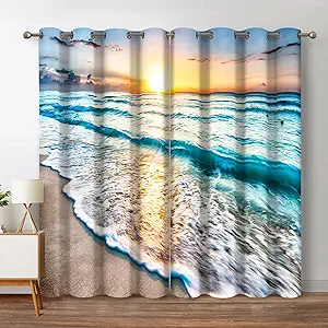 Jekeno Beach Ocean Waves Blackout Curtains Tropical Sea Sunrise Seaside Coastal Scenic Hawaiian Scenery Decor for Home Bedroom Living Room Darkening Grommet Window Drapes 2 Panel Set, 52"x84"
