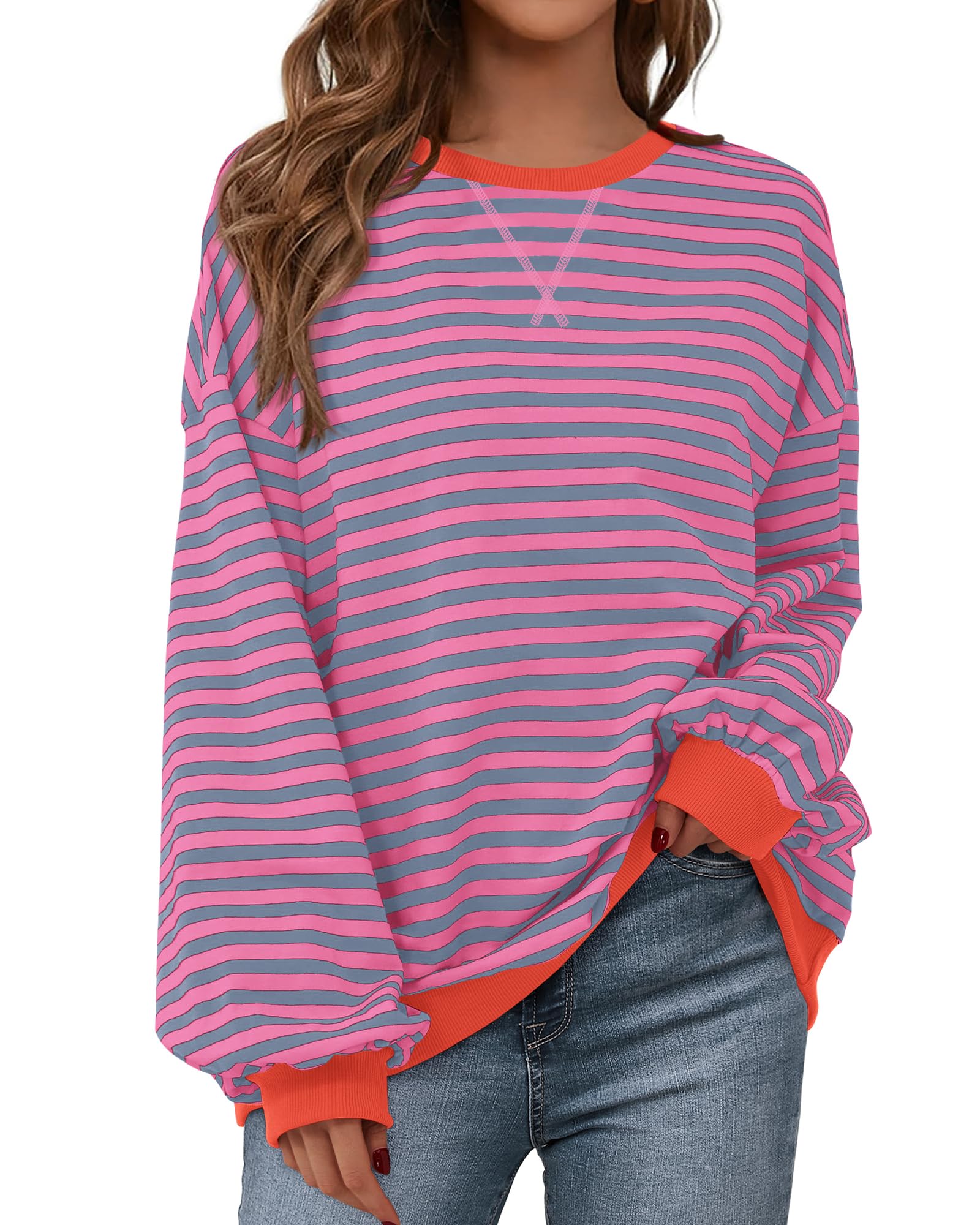BTFBMWomens Oversized Striped Sweatshirt Crewneck Long Sleeve Pullover Top Casual Y2K Fall Clothes 2025 Workout Shirt