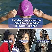 Vista 2 de Paquete de 3 gorros de natación extra grandes para trenzas y rastas de cabello largo, negro, mujeres y hombres, natación, silicona, impermeable