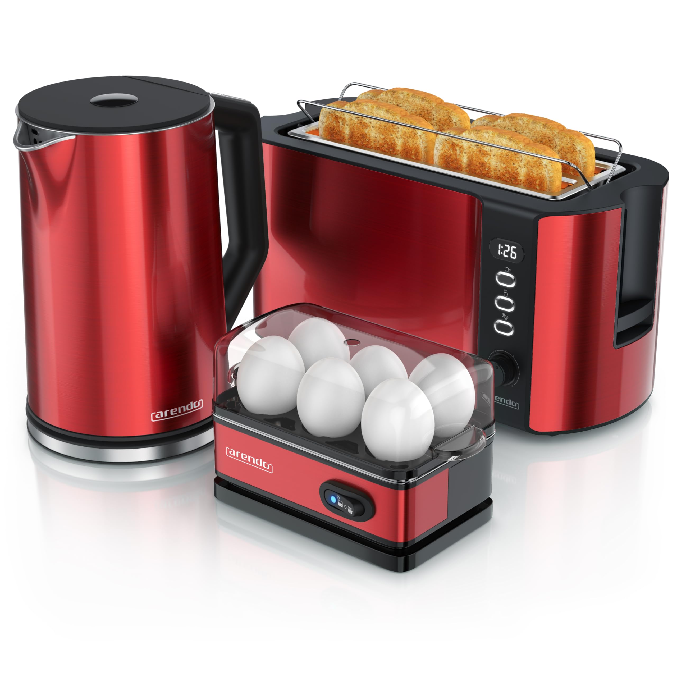 Arendo Wasserkocher Toaster Eierkocher Set Edelstahl Temperatureinstellung 4 Scheiben Langschlitz 1-6 Eier Küchenset Rot