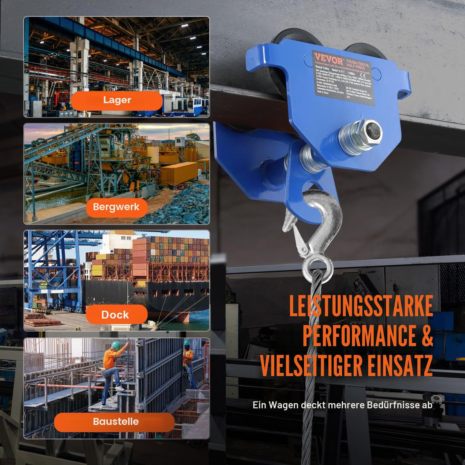 VEVOR Laufkatze 0,5 T Tragkraft Rollfahrwerk mit Doppelrädern, einstellbar für I-Trägerflanschbreite 63,5 bis 139,7 mm Hochleistungs-Garagenhebezeug aus legiertem Stahl für gerade gebogene I-Träger