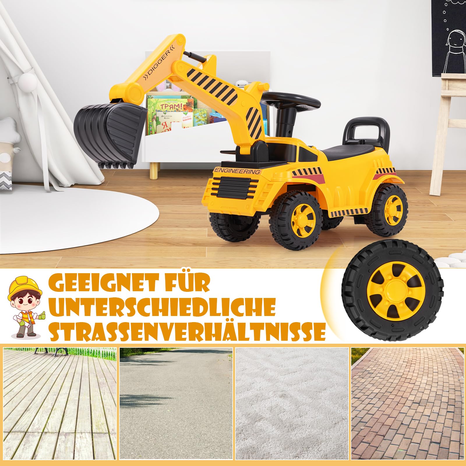 DREAMADE Kinder Sitzbagger, Bagger zum draufsitzenmit Verstellbarer Schaufel & Hupe & Kippschutz, Aufsitzbagger mit Stauraum unter Sitz, Sandbagger Sitzbagger Kinder ab 19 Monaten