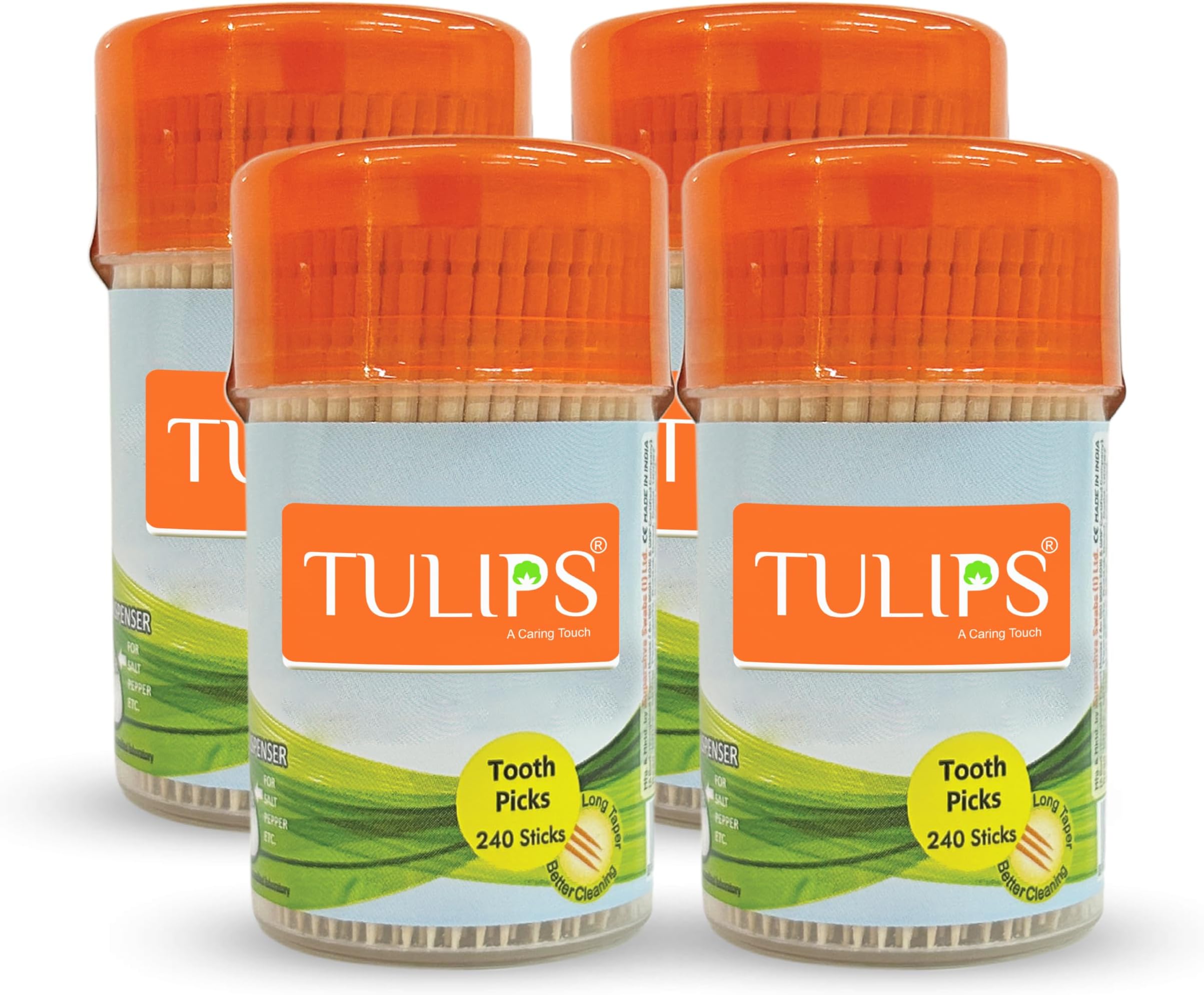 Tulips Wooden Toothpicks 240 Sticks in a Reusable Jar (Pack of 4)