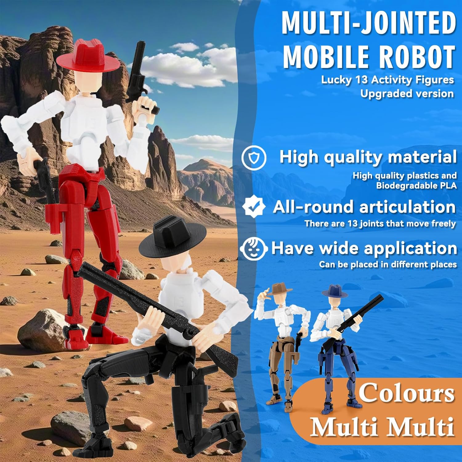 Titan 13 Action Figure, Cowboy Already Assembled 13 Dummy 13 Action Figures for Boys, 2-Pack Cowboy 5.4 inches T Lucky Robot 13 Action Figure, Figura de acción 13, Brown & Blue