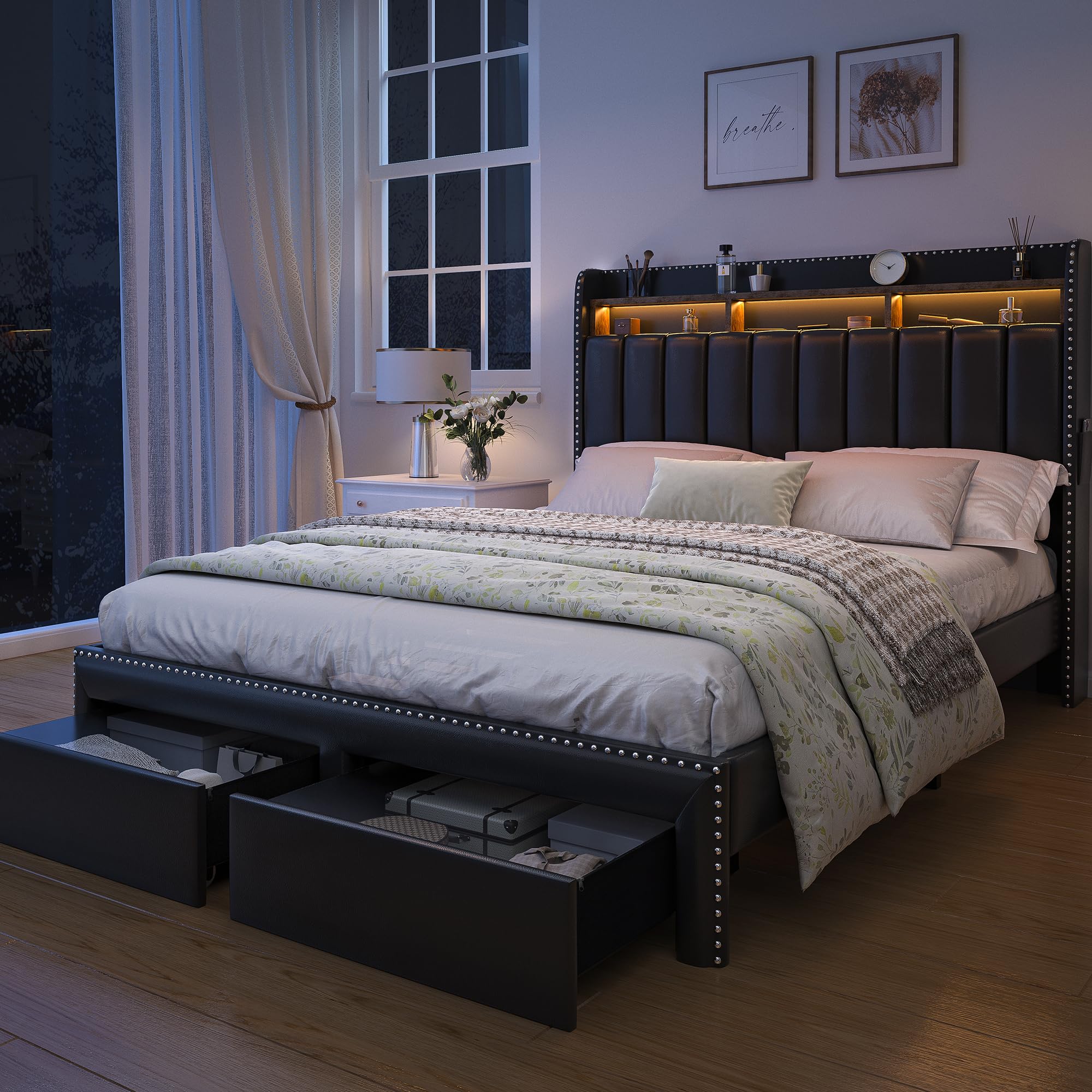 SIBEDS Queen LED Bed Frame with 2 Drawers, Modern Platform Beds with 2 Tier PU Leather Upholstered Storage Wingback Headboard, Channel Tufted Bedframe