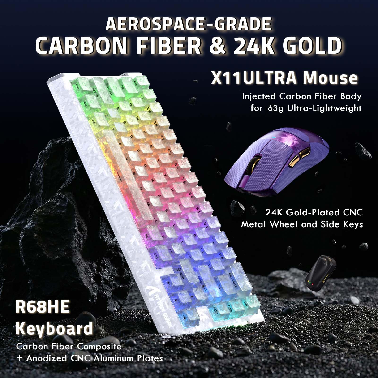 ATTACK SHARK Carbon Fiber Gaming R68 HE Tastatur & X11 Ultra Maus Set, 63g Nordic54L15 Wireless Superlight Maus, 8KHz, PAW3950MAX 42K DPI, 0.005mm RT Rapid Trigger Magnetische Tastatur - Ice/Purple
