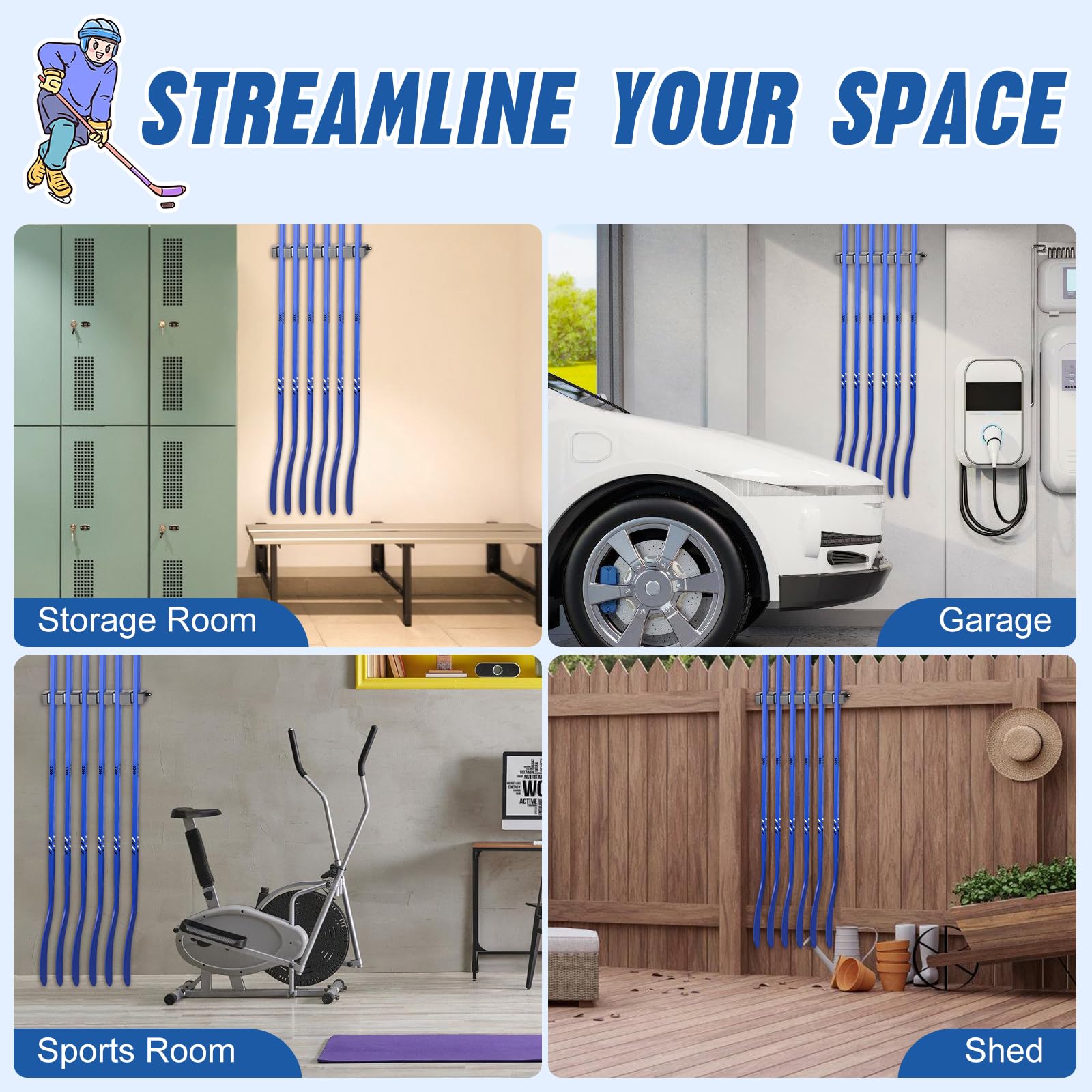 BOOSTEADY Porta Bastoni da Hockey da Parete, Supporto per 6 Bastoni, Organizzatore a Risparmio Spaziale