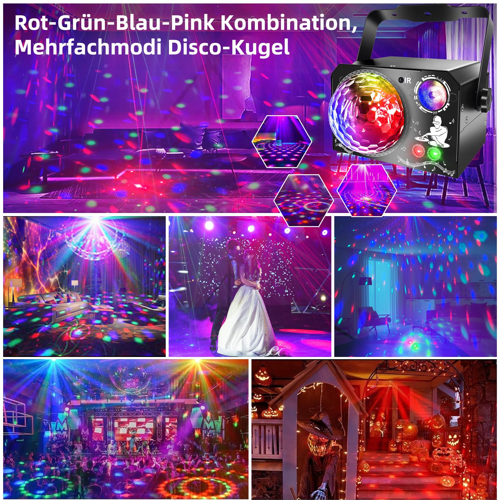 4 in 1 Discokugel, Fwiull DJ Discolicht Partylicht 65 Muster, Musikgesteuert Disco Party Licht, RGB UV Stroboskop, Sprachsteuerte Party Lampe mit 2M USB für Party Fest Klub Halloween Weihnachten