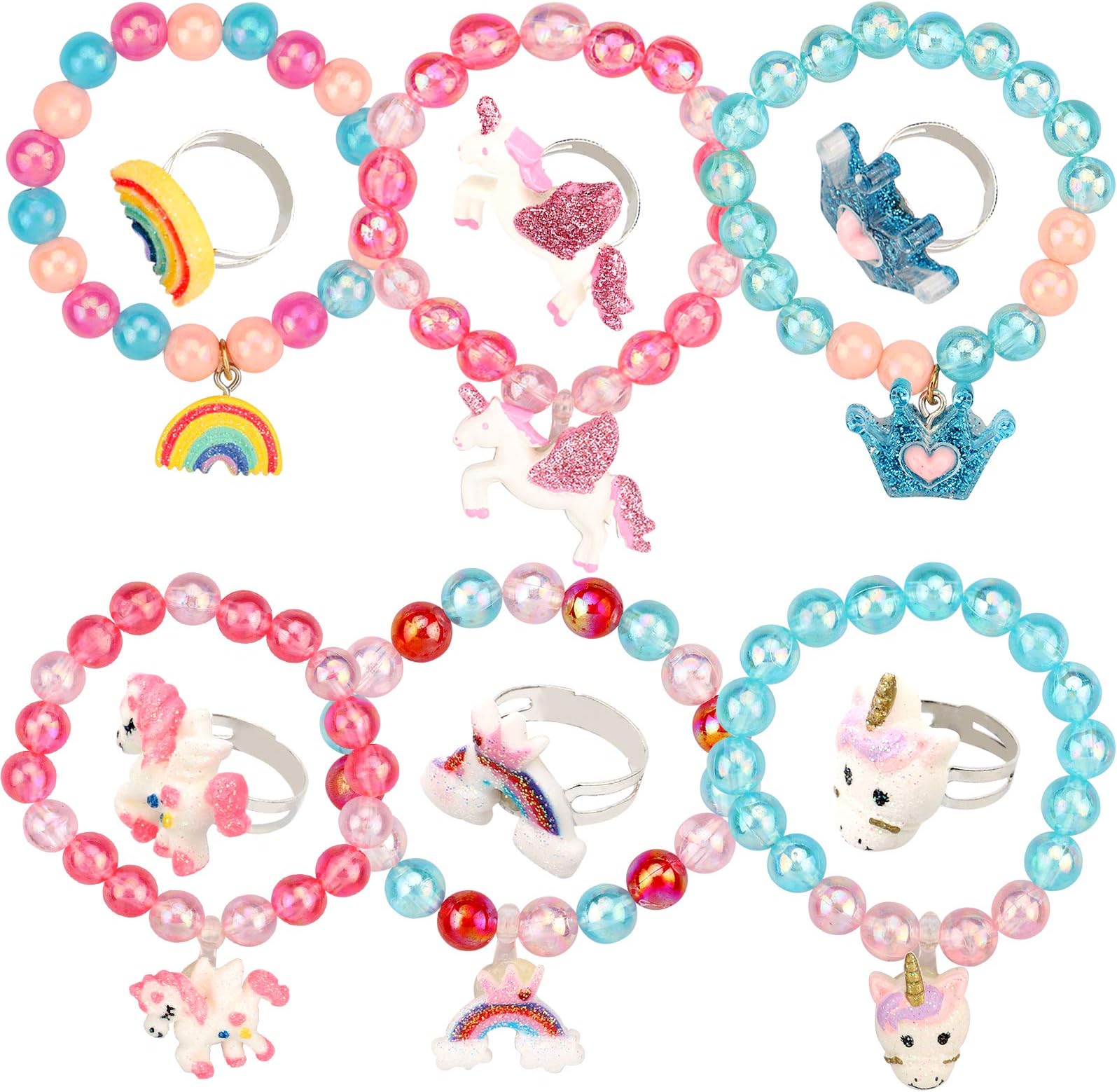 REMEL 12 Pieces Unicorn Bracelet Ring Set Little Girls Jewelry Set Shiny Rainbow Unicorn Crown Beaded Bracelet with Colorful Adjustable Rings for Toddler Little Girl Play Party Favors