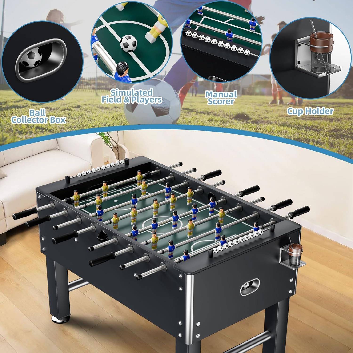 Foosball Table, 48''/54.5'' Home Arcade Table Soccer with 4 Balls and 2 Cup Holders, Competition Foosball Table Set for Family Game Room, Adult Rrec Room, Basements or Bar