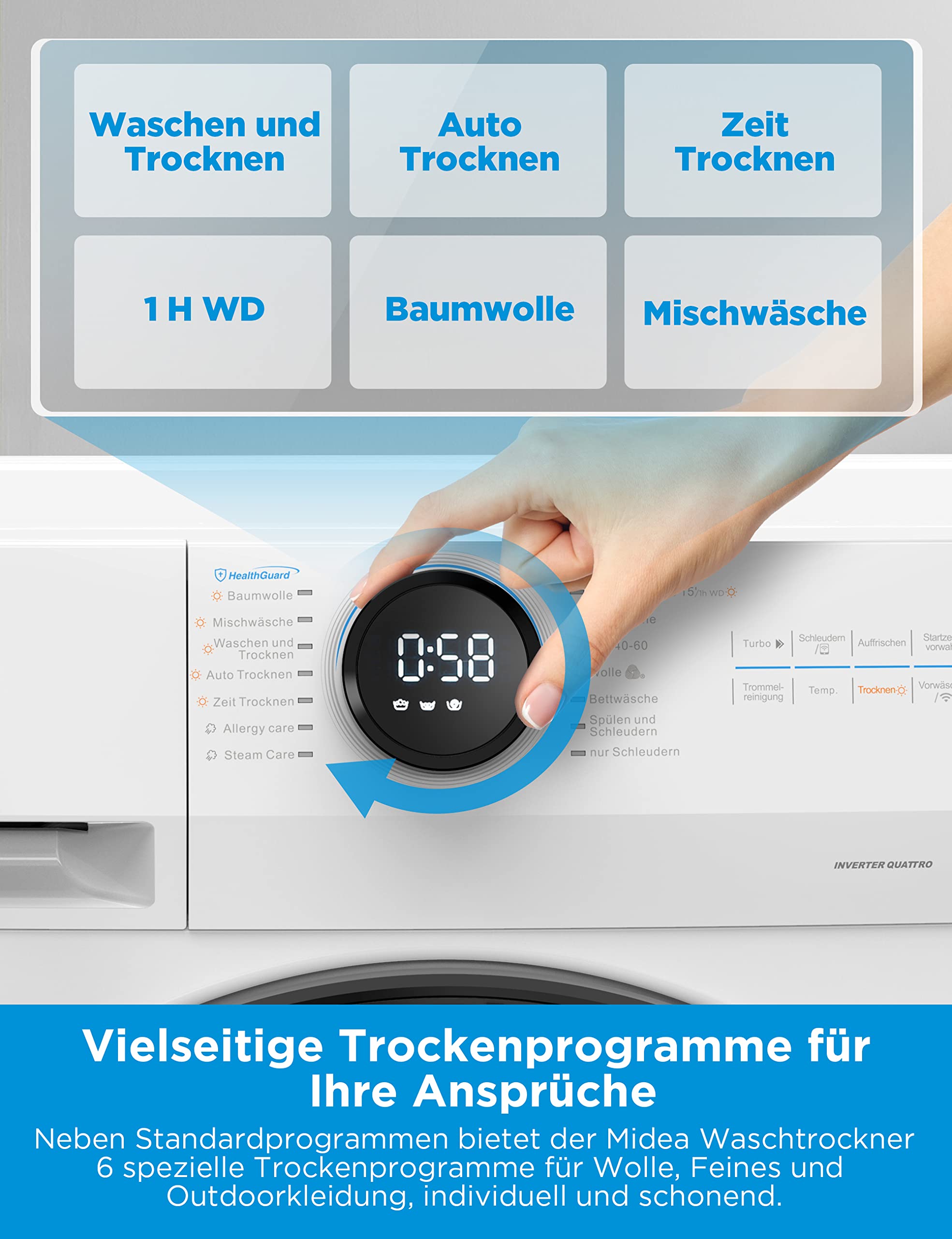 Midea MF200D86WB-14EAS Waschtrokner, 8/6kg, Inverter Motor, 60 Min. Waschen und Trocknen, Steam Care, Turbo Wash, 48 cm tief, APP-Steuerung, AquaStop