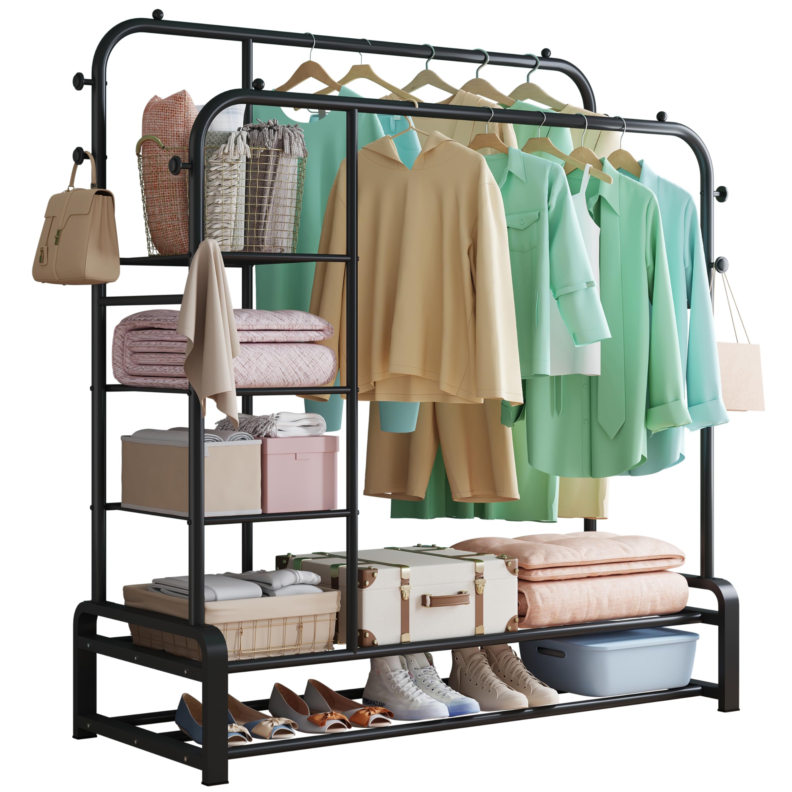 SMILOVII Heavy Duty Clothes Rail, Clothes Rails With Shelves, Sturdy Metal Clothing Rack With 8 Coat Hooks, 3-Tier Side Shelves, and 2-Tier Shoe Rack, Perfect Clothing Rack for Bedroom - Black