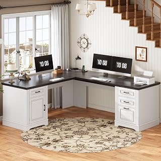 SEDETA 69" Farmhouse L-Shaped Executive Desk with Drawers, Storage Cabinet & Power Outlet - White Corner Home Office Desk