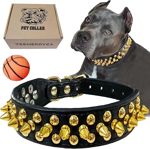 TEEMERRYCA Collar de cuero para perro con picos dorados para mascotas pequeñas medianas y grandes para evitar que los perros se agarren