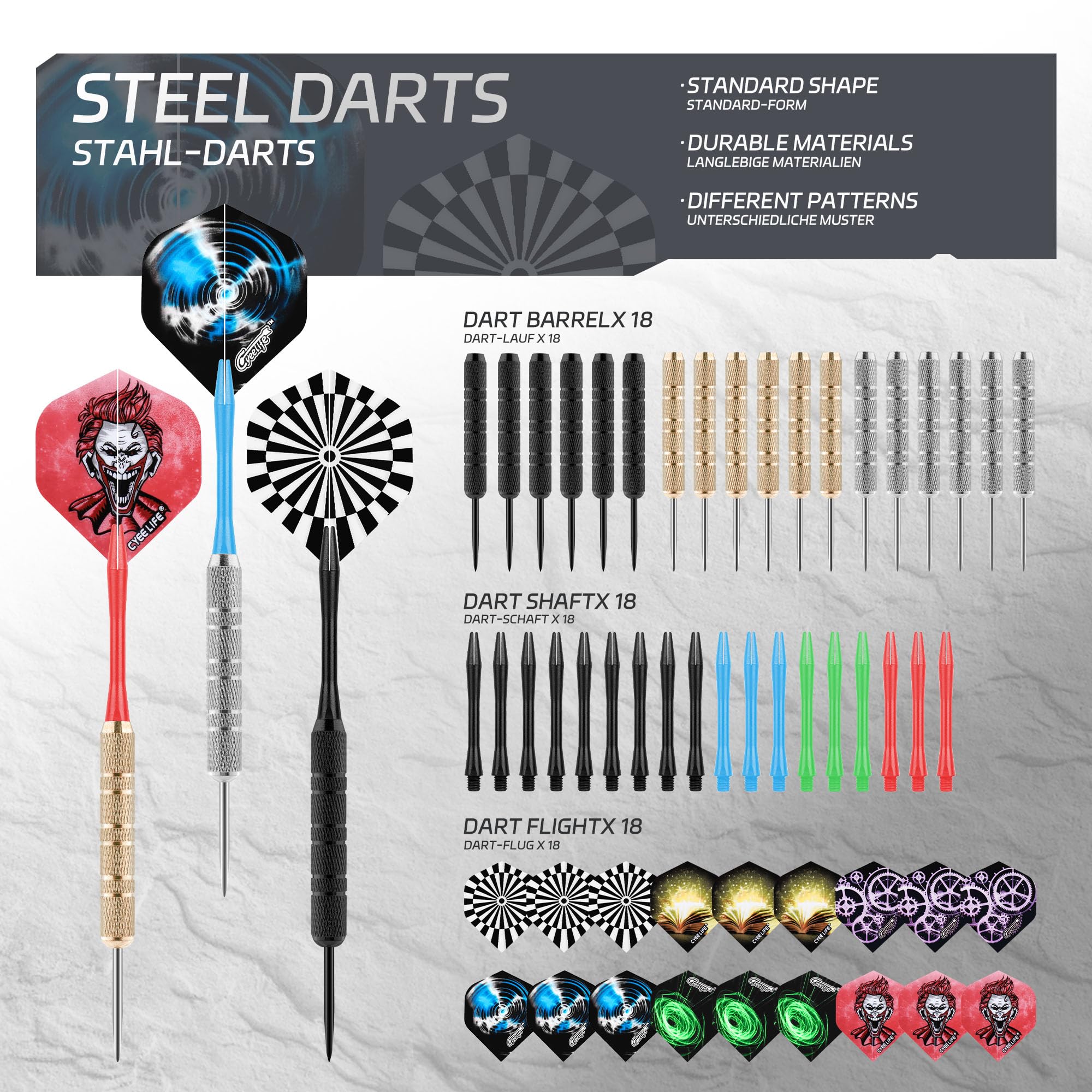CyeeLife Dartpijlen met metalen punt, 18 stuks professionele steeldarts, stalen dartset met schacht en flights, voor beginners en hobbyisten