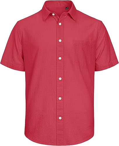 Miniatura 78 de J.VER Camisas de manga corta de lino y algodón para hombre, estilo informal, ligeras, con botones, para vacaciones, playa y verano, con bolsillo