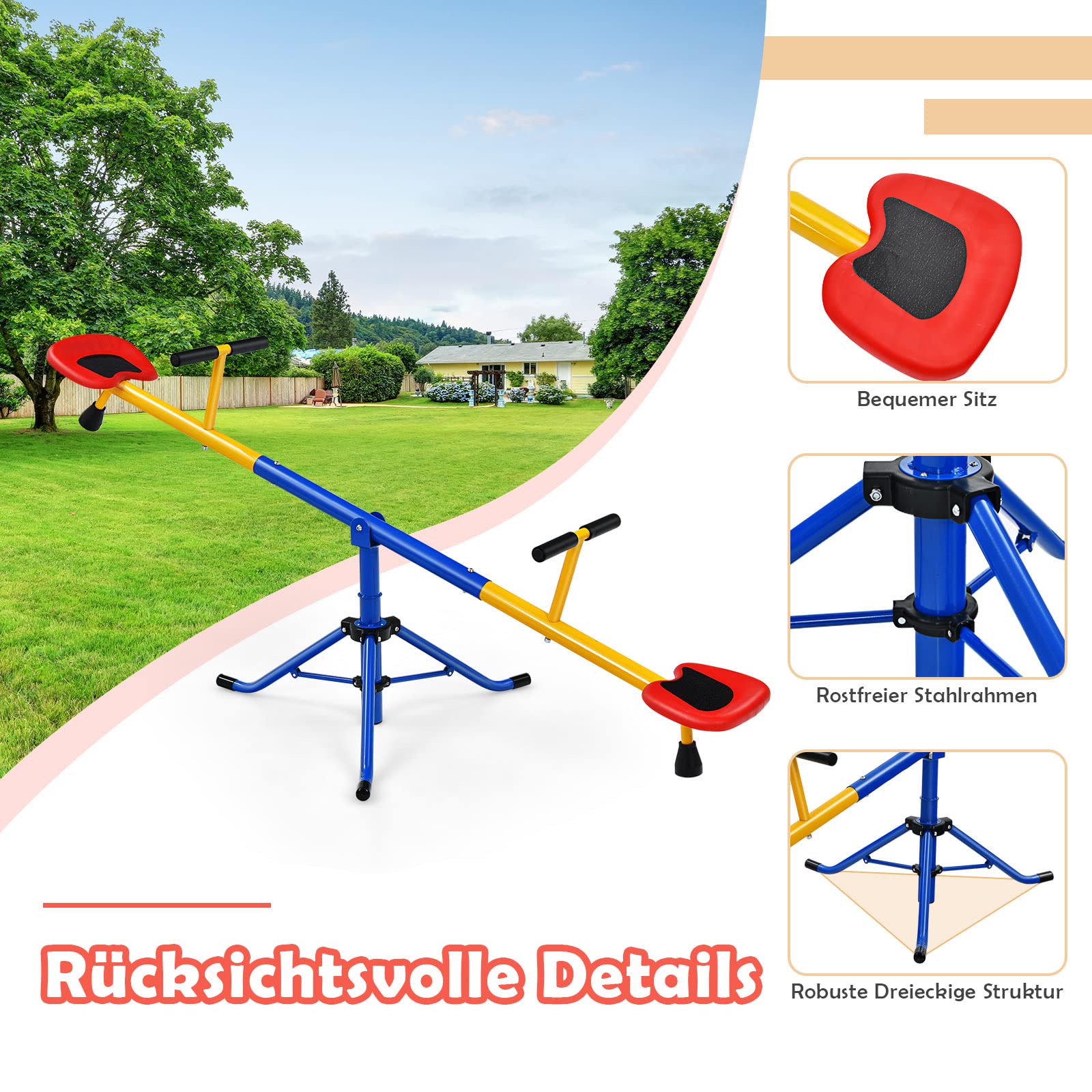GOPLUS Kinderwippe 360-Grad-drehbar, 2 Sitzer Gartenwippe mit Dämpfer und Gepolsterter Griffe, Wippschaukel aus Kohlenstoffstahl, für Drinnen und Draußen, für Kinder von 3 bis 8 Jahre