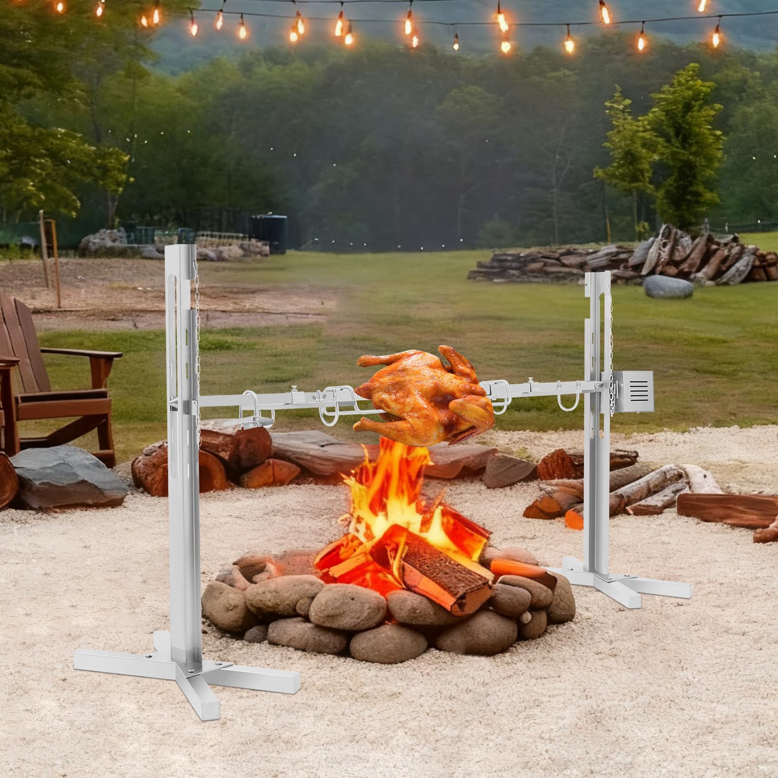 Griglia per maialino in acciaio inox con motore, regolabile in altezza, girevole a 360 gradi, per pollo, agnello, maiale, ideale per campeggio, giardino e feste, portata 40 kg