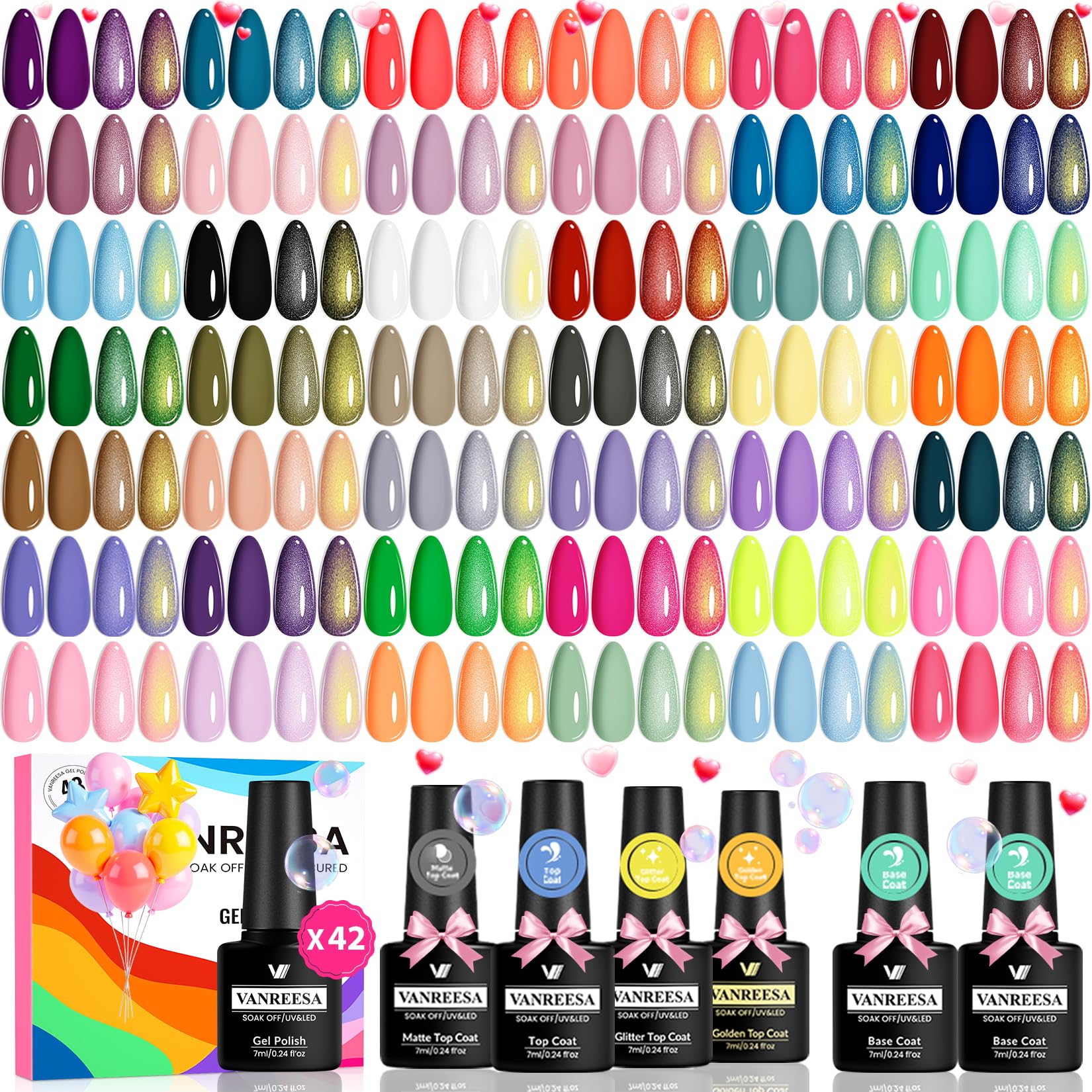VANREESA 48 Pcs Gel Nail Polish Set 42 Colors Spring Summer Fall Winter Gel Polish with 2 Pcs