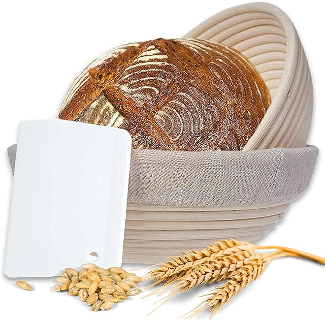 riijk koszyk do pieczenia chleba, zestaw 2 koszy z rattanu do garowania i pieczenia chleba z łopatką do ciasta, okrągły, z wkładką z płótna lnianego, z klamrą ze stali nierdzewnej, o średnicy: 22 i 25 cm