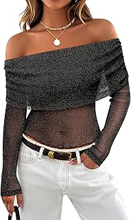 FEMLE Women Sparkly Off The Shoulder Sheer Mesh Tops Glitter See Through Long Sleeve Foldover Top Party Concert Outfits