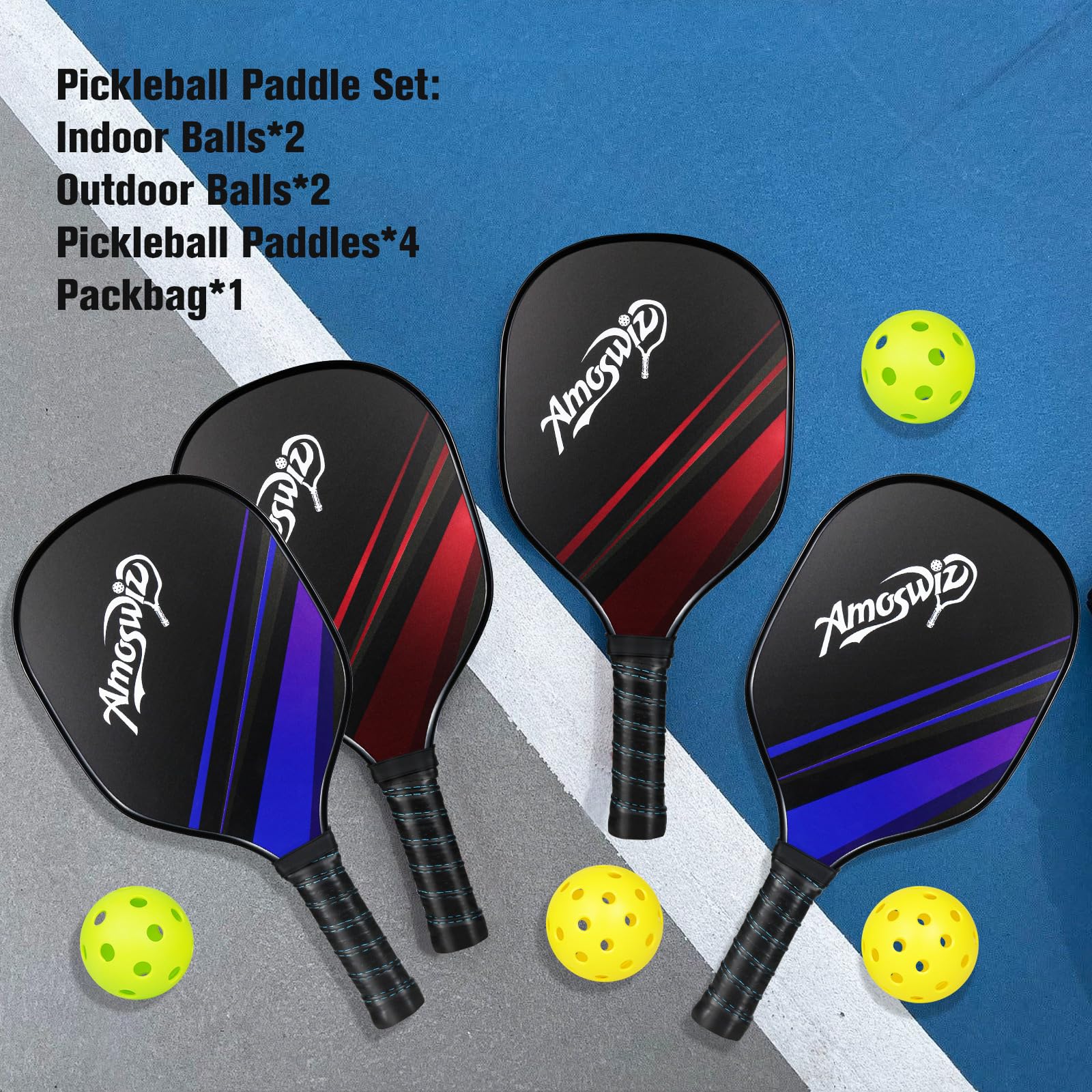 Set di 4 racchette per pickleball, in legno, con 4 palline, set base per pickleball, per uomini e donne, set tutto in uno, set da 4