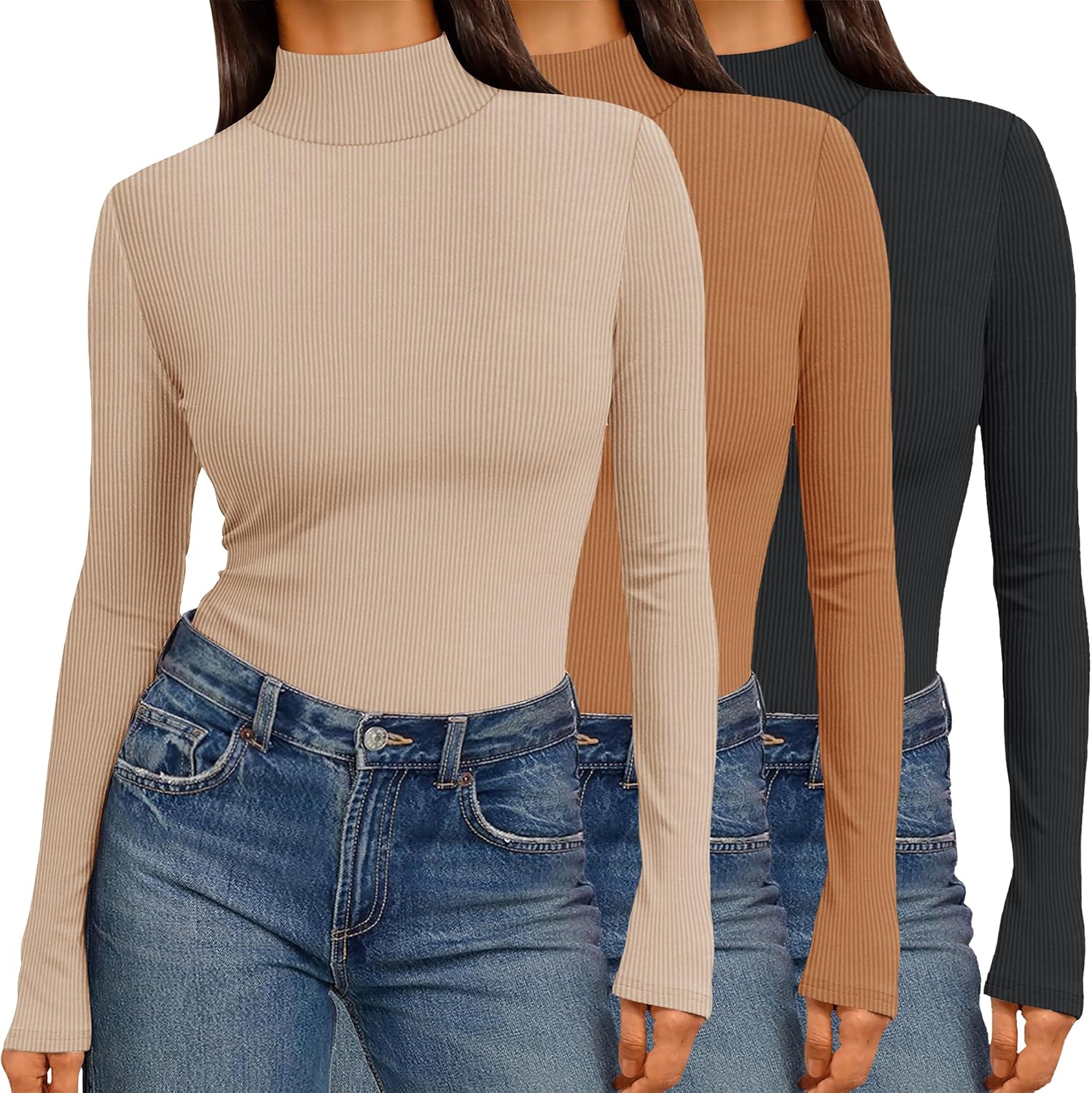 Ekouaer Women 3 Pack Turtleneck Shirts Ribbed Thermal Underwear Tops Lightweight Long Sleeve Layer Tees Basic Pullover Blouse