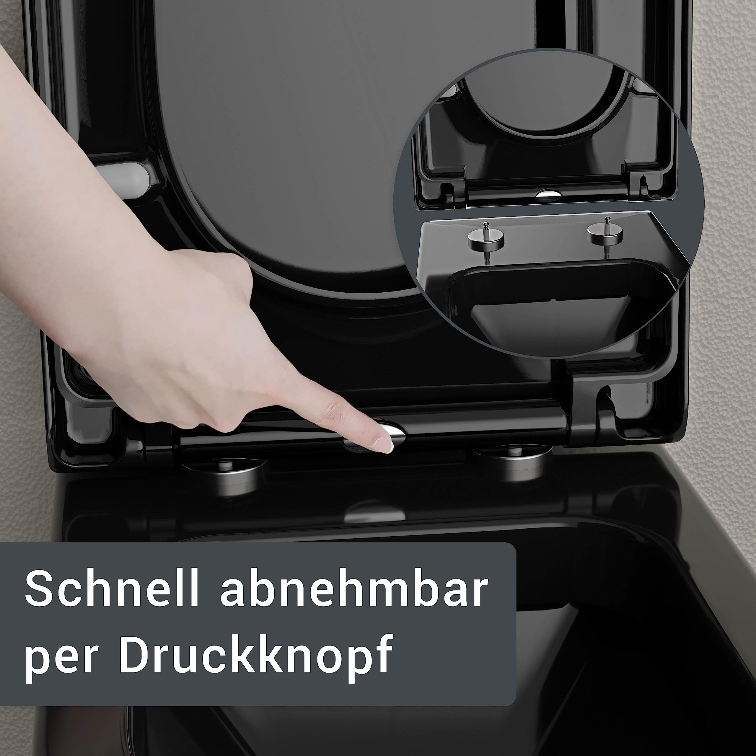 Bernstein WC-Sitz U1002 Schwarz glänzend D-Form – Toilettensitz aus Duroplast mit Absenkautomatik, Soft-Close WC-Deckel, abnehmbarer WC-Sitz mit Take-Off-Funktion und Edelstahlbefestigung