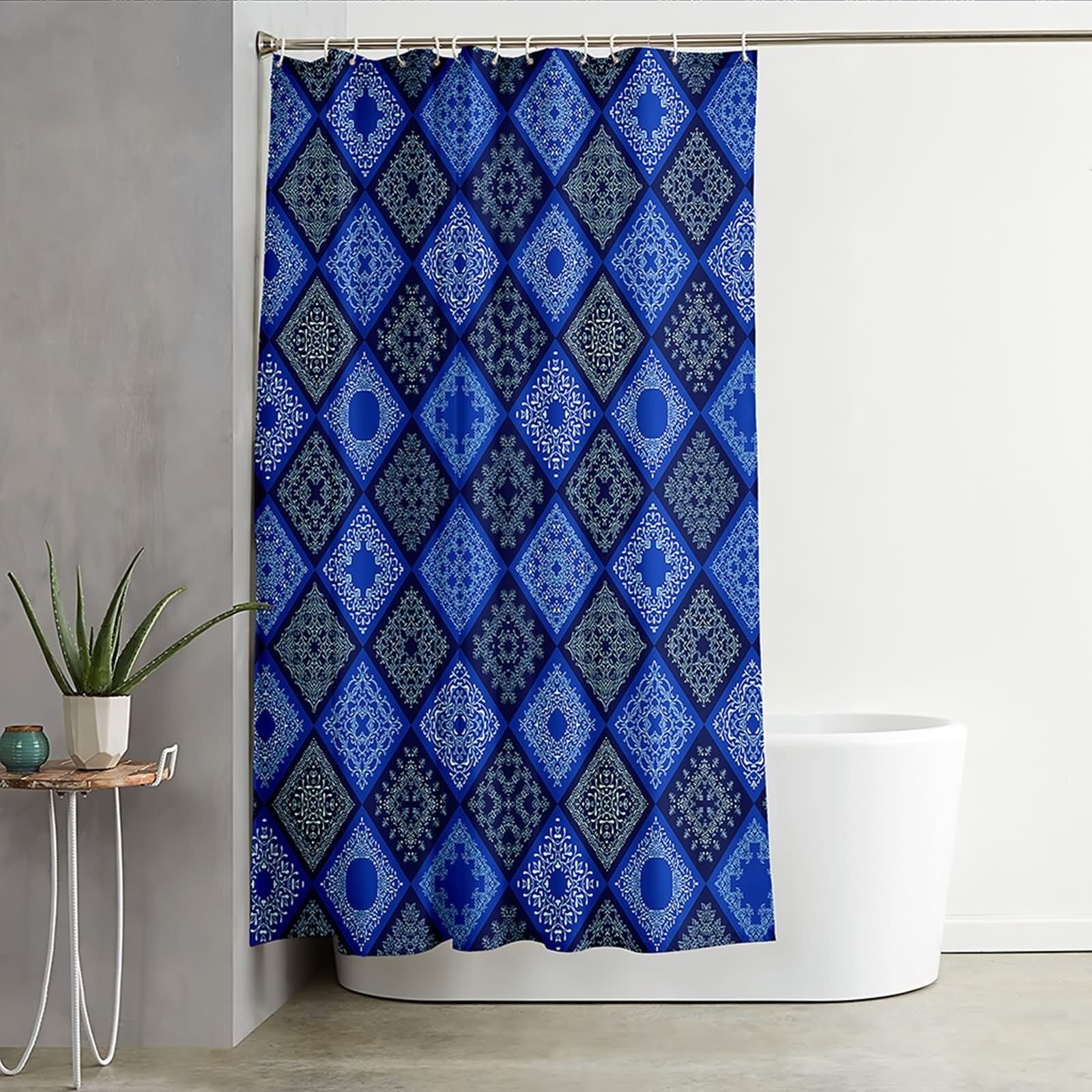 Duschvorhang 180X200, Duschvorhang Textil Waschbar Blau Weiß Schwarz Geometrisches Blumenmuster Badezimmer Duschvorhang