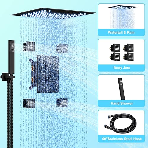 Miniatura 10 de Sistema de ducha de lluvia negra, cabezal de ducha de lluvia termostático de 24 pulgadas con grifo de ducha de mano completo, juego combinado de