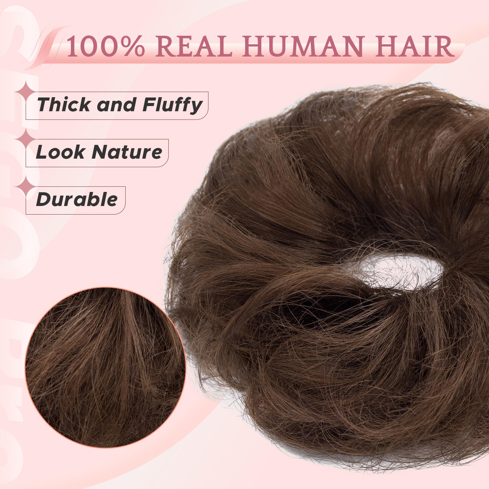 SEGO Pro Real Human Hair Messy Bun Scrunchie, Donut Bun Hair Piece for Women - Curly, 4# Medium Brown, Pack of 1 - Image 2