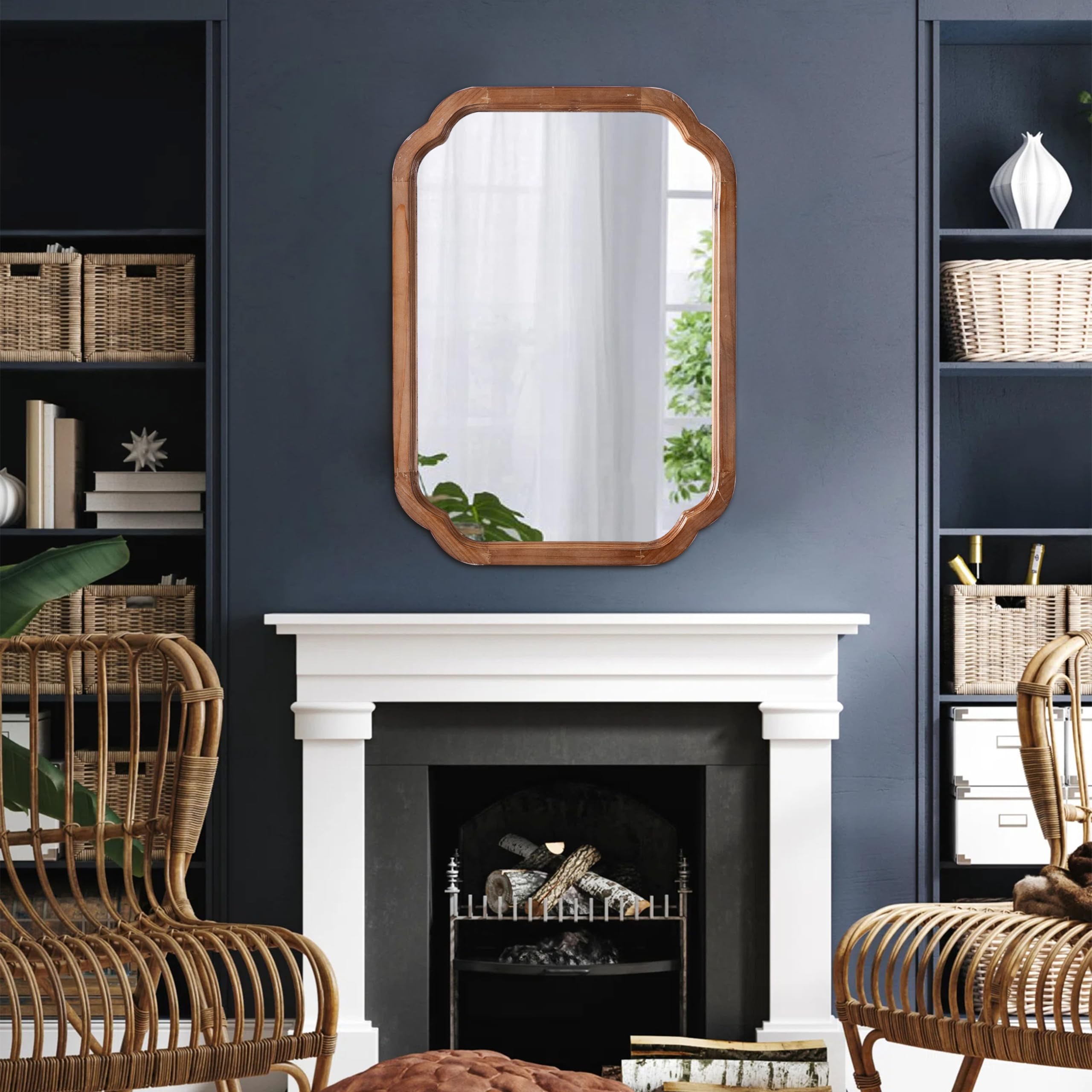 Bois Miroir Mural Rectangulaire 40 x 60 cm, Miroir Decoration Murale Rustique, Miroirs Muraux pour Salon, Chambre, Salle de Bain, Couloir, Horizontal ou Vertical