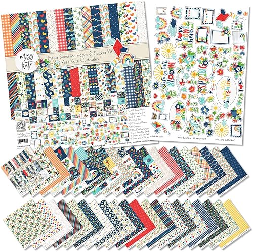 Miss Kate Cuttables Kit de papel y calcomanías  Hello Sunshine  para primavera, tulipán, floración, primavera, cometa, arco iris, amor, 20 papeles