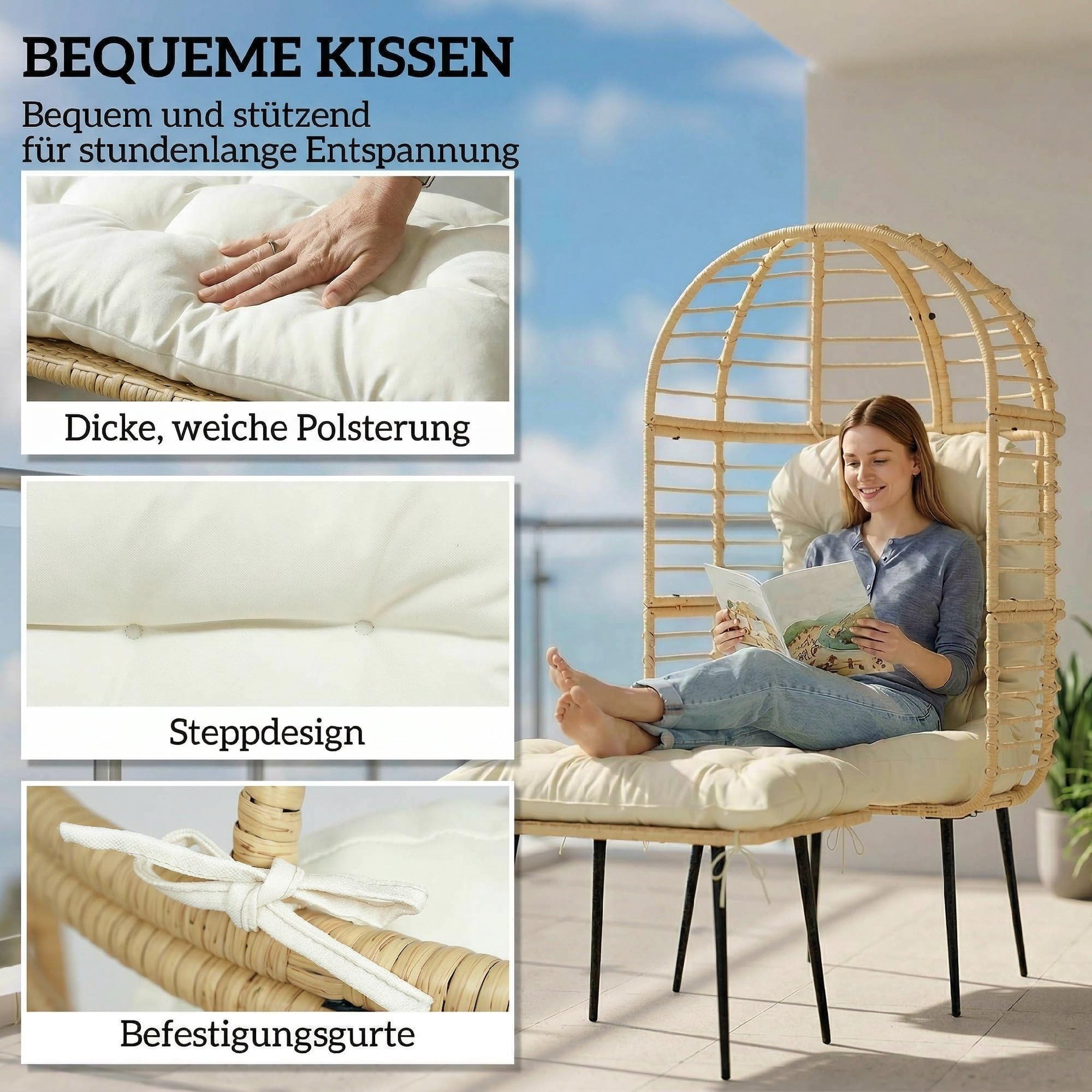 Outsunny Fauteuil de jardin avec tabouret en forme d'œuf - Avec coussins longs et épais - Cadre en métal - Style bohème - Pour salon, jardin, balcon, terrasse - Beige