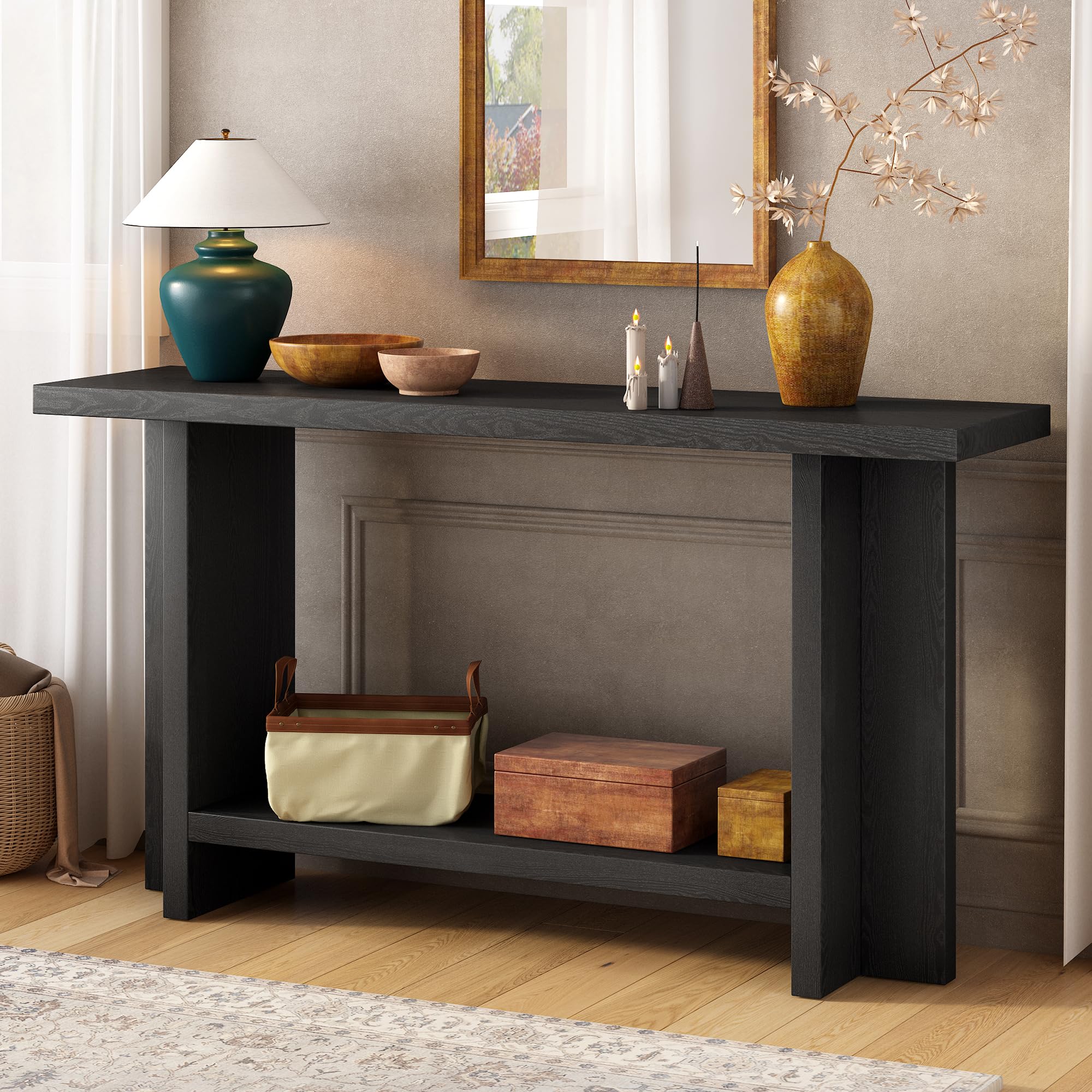 60''Console Table with Ash Veneer, Minimalist Entryway Table with T-Shaped Legs and Holds up to 120lbs, Sofa Table with Large Display Top and Bottom Shelf, for Living Room, Hallway, Foyer