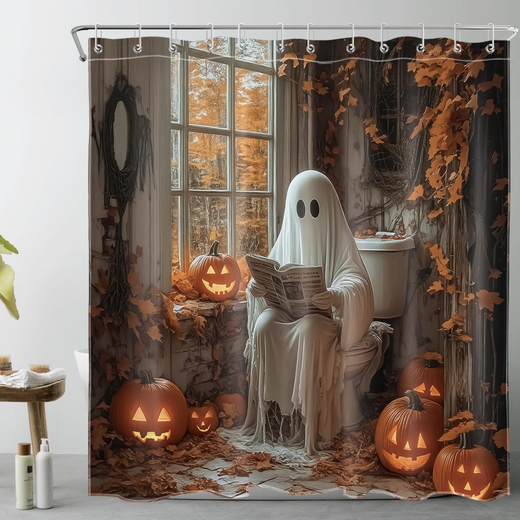 Rideau de douche imperméable lavable Halloween avec 12 crochets, motif fantôme