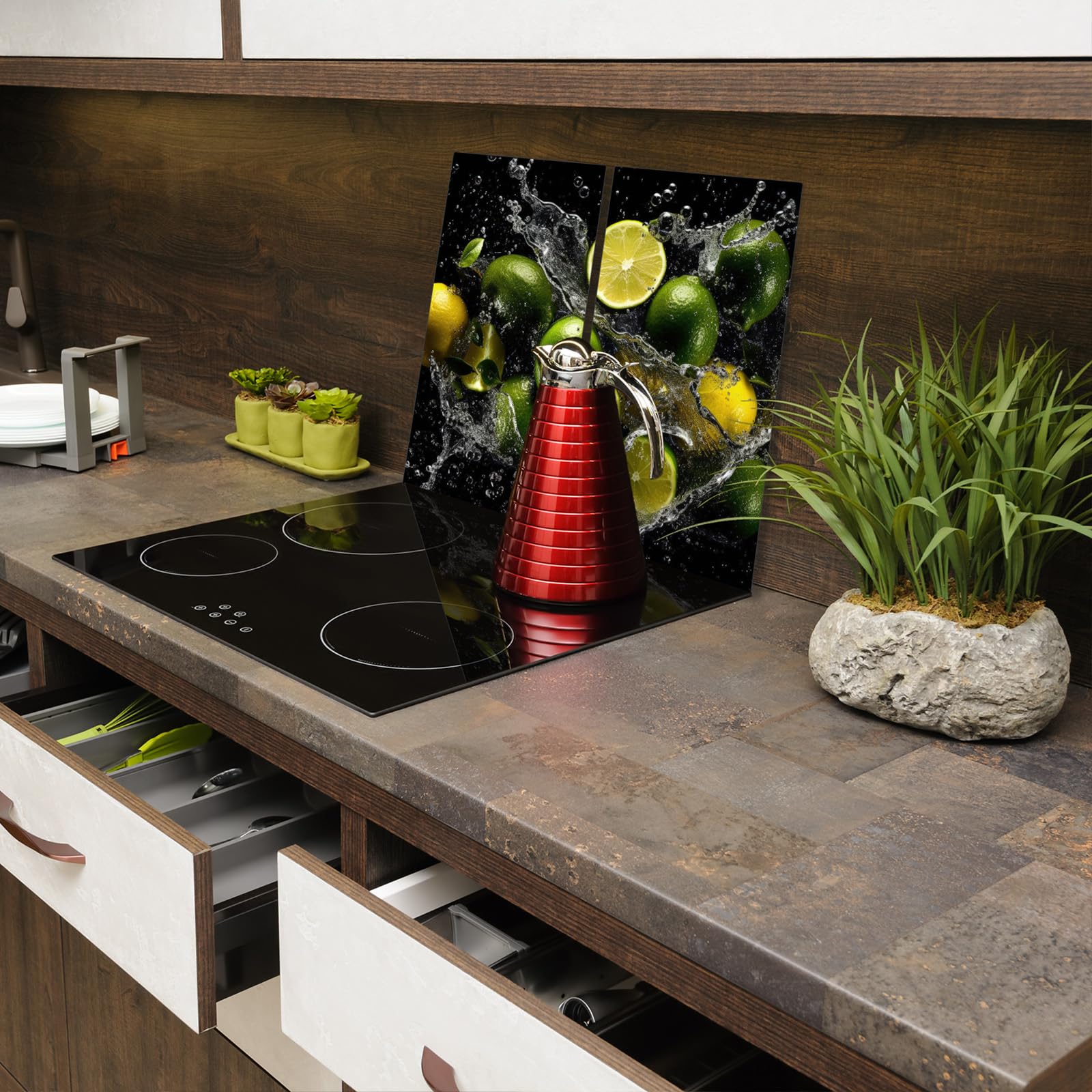 Herdabdeckplatte 2×30×52 cm – Mehr Arbeitsfläche, Spritzschutz & Schneidebrett – ESG Glas, kratzfest – für Induktion/Ceranfeld – 2-teilig, Motiv Frucht Wasser Grün
