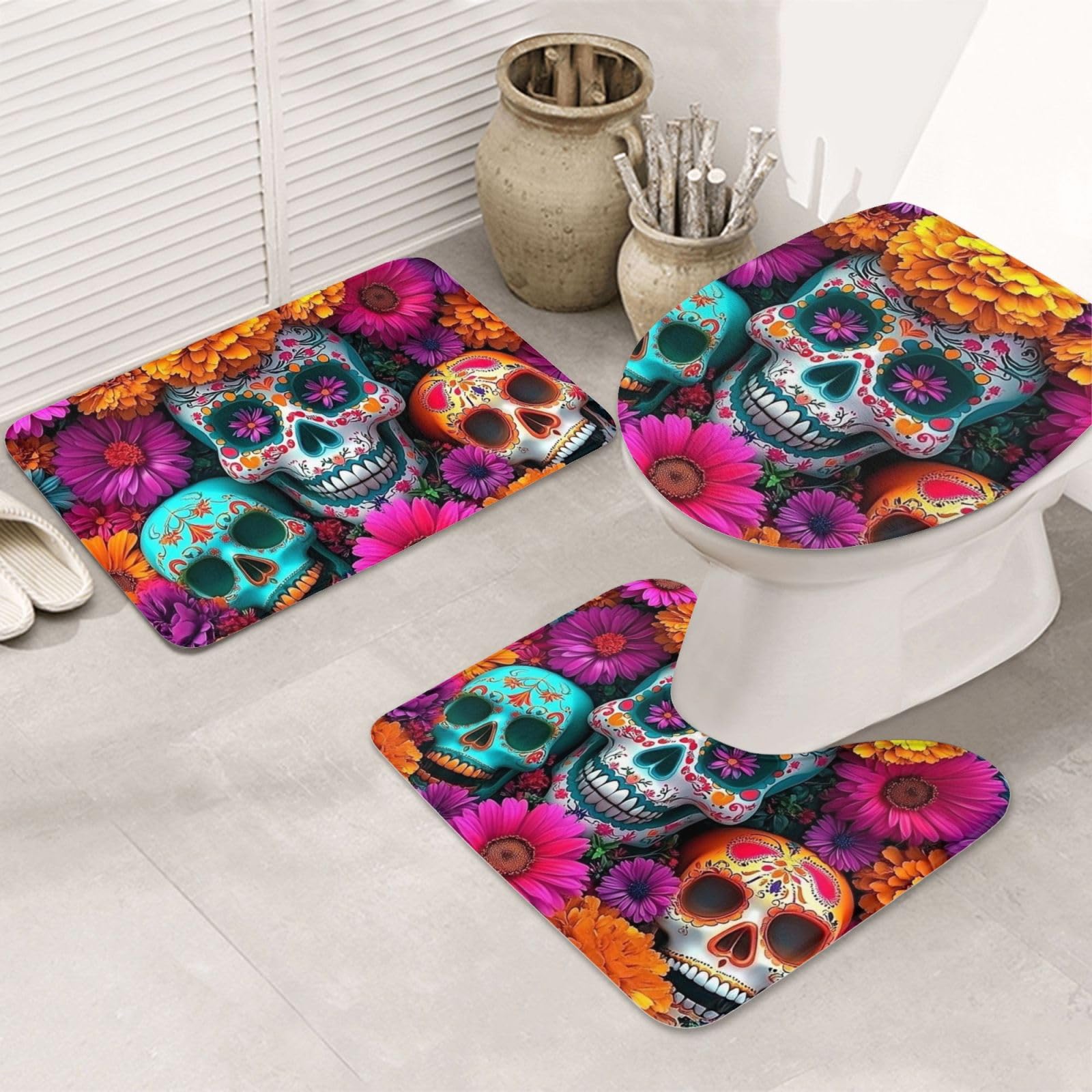 Alfombrilla de baño de flor de Dios de la Muerte lavable y antideslizante